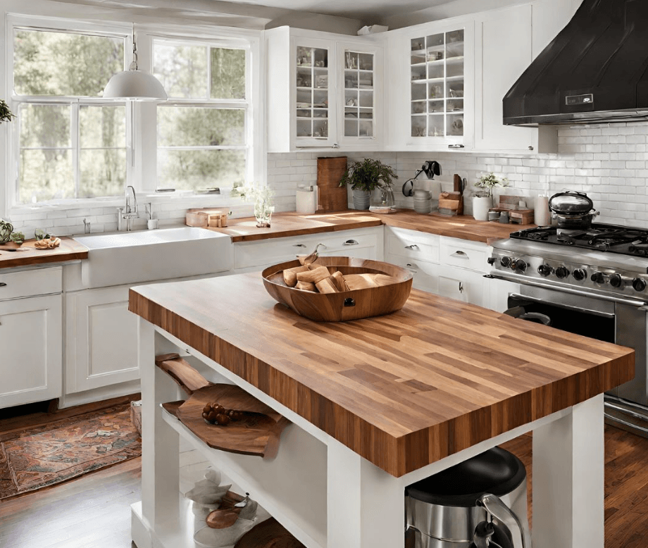 Butcher block countertops in a farmhouse style kitchen
