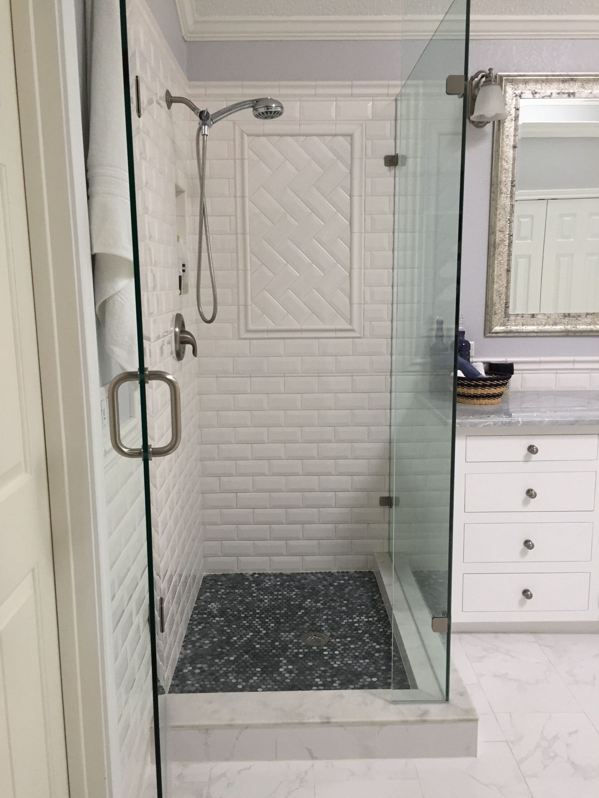 beveled edge subway tile bathroom