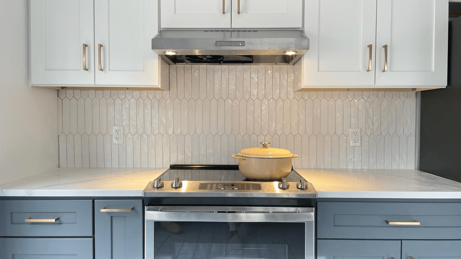 Ceramic tile picket backsplash after