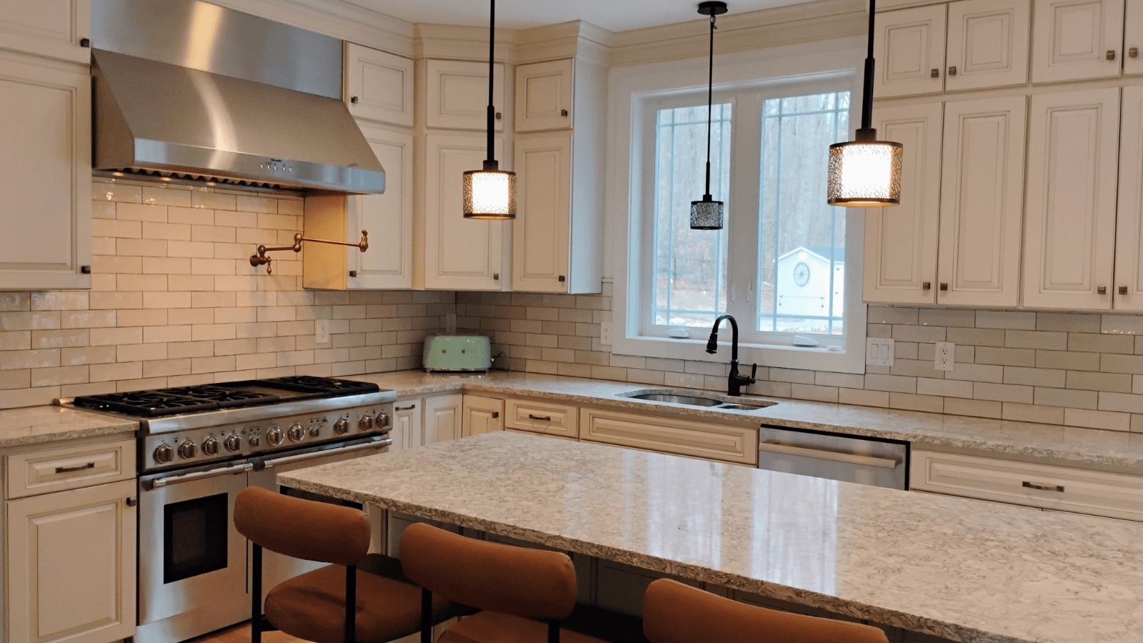 Ceramic white subway tile backsplash after