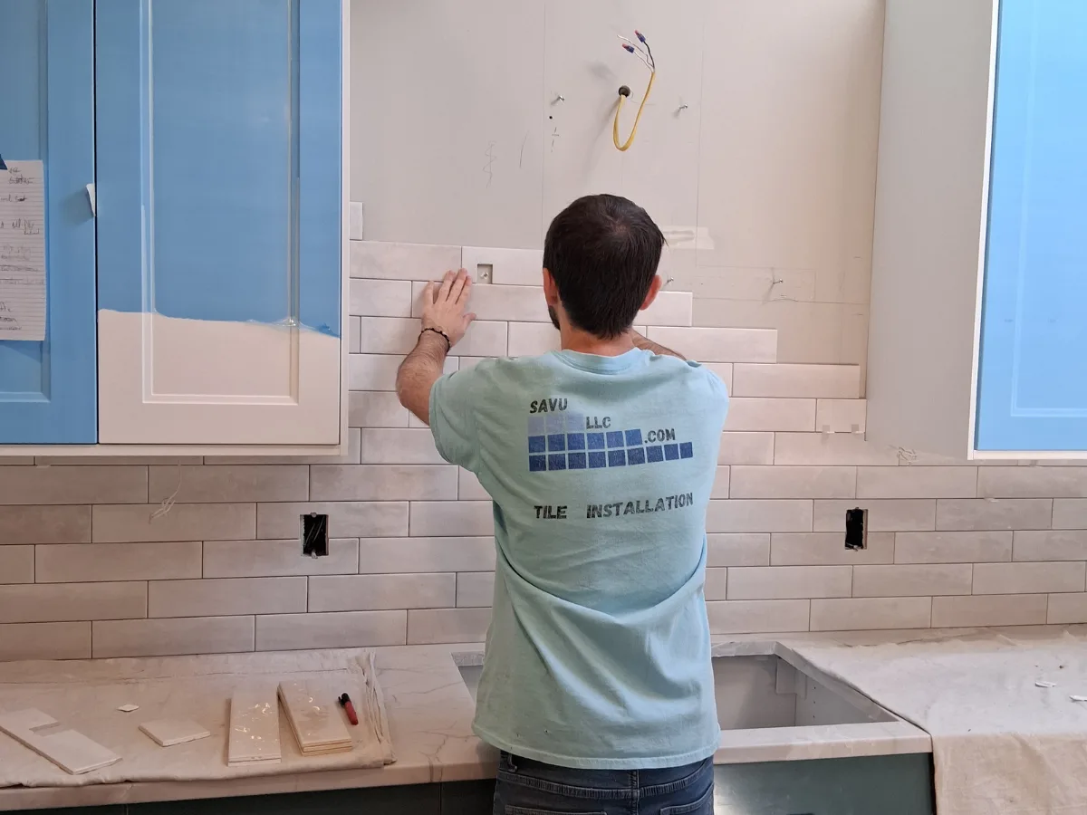 Installing large subway tile backsplash in staggered pattern