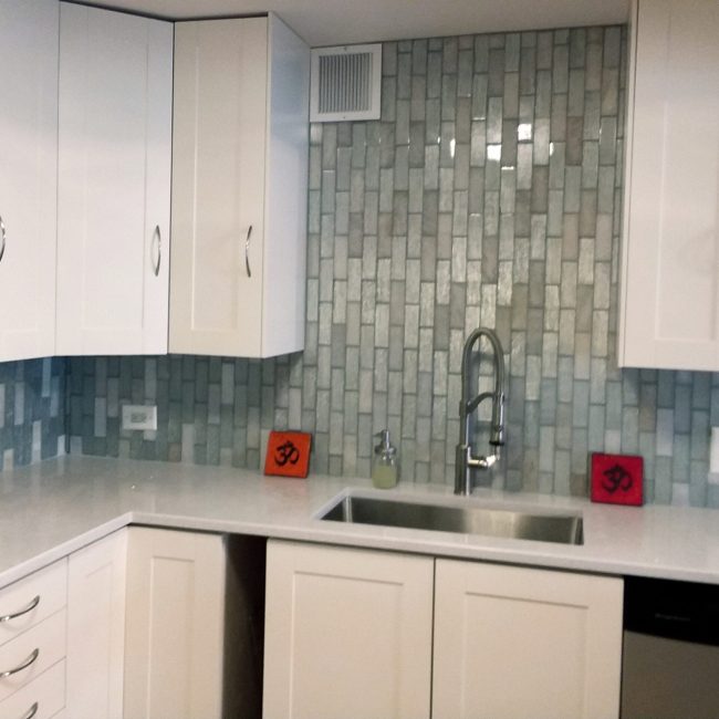 Vertical Glass Subway Tile Backsplash Vertical glass subway tile backsplash with a glossy finish
