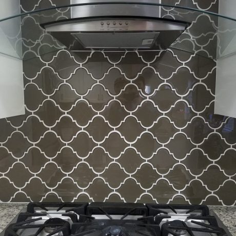 Glass tile arabesque backsplash installation by SAVU LLC
