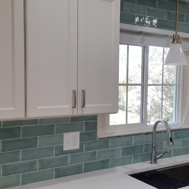 Green Ocean Subway Tile Backsplash Green ocean subway tile backsplash with a glossy, coastal look
