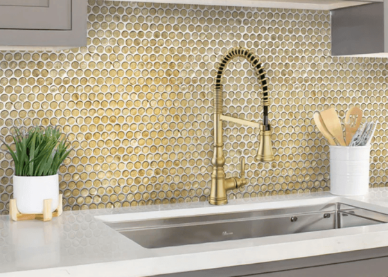 Gold penny tile backsplash Gold penny tile backsplash