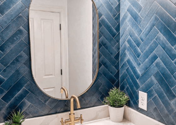 Blue ceramic bathroom tile herringbone pattern backsplash Blue ceramic bathroom tile herringbone pattern backsplash