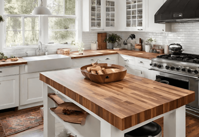Butcher block countertops in a farmhouse style kitchen Butcher block countertops in a farmhouse style kitchen