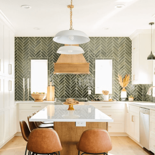 Large green tile in herringbone pattern backsplash Large green tile in herringbone pattern backsplash ceiling-high